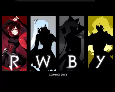 HD PC desktop wallpaper featuring stylized silhouettes and full-color illustration from the RWBY anime series by oum and Monty, showcasing the main characters against contrasting backgrounds.