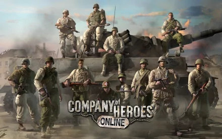 HD PC desktop wallpaper featuring soldiers from the video game Company of Heroes, posed on and around military tanks with a smoky battlefield backdrop.