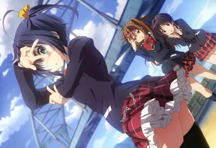 Anime characters Kumin Tsuyuri, Shinka Nibutani, and Rikka Takanashi pose playfully against a vibrant sky backdrop in this HD desktop wallpaper from *Love, Chunibyo & Other Delusions*.