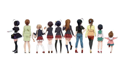 A vibrant HD wallpaper featuring characters from Love Chunibyo & Other Delusions, showcasing their unique outfits including skirts, jeans, and thigh-high socks from a rear view.