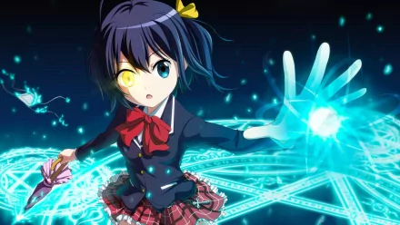 Rikka Takanashi in a school uniform, showcasing her vibrant personality and magical abilities amidst an enchanting, glowing background from Love, Chunibyo & Other Delusions.