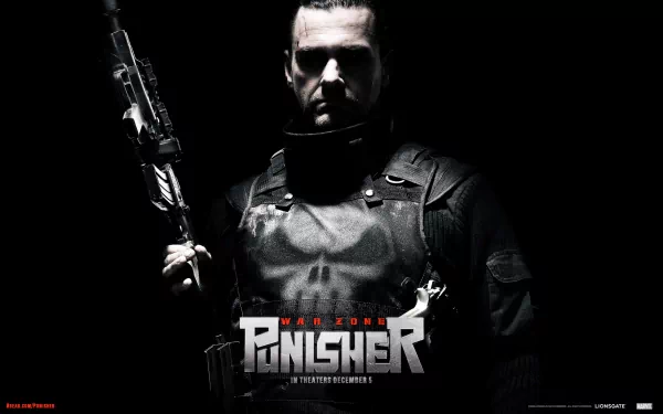 HD desktop wallpaper featuring the Punisher from the movie Punisher: War Zone, showcasing a dark, intense portrait with the iconic skull emblem.