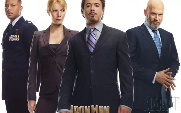 Image featuring characters from Iron Man: James Rhodes, Pepper Potts, Tony Stark, and Obadiah Stane, portrayed by Don Cheadle, Gwyneth Paltrow, Robert Downey Jr., and Jeff Bridges.
