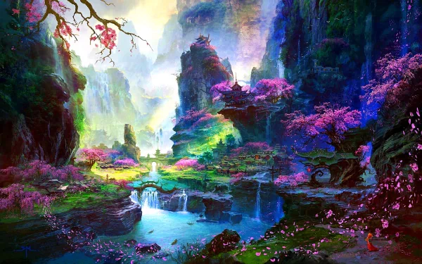 HD fantasy desktop wallpaper featuring a breathtaking oriental landscape with cherry blossom trees, vibrant flowers, and serene water elements, creating a dreamy and colorful atmosphere.