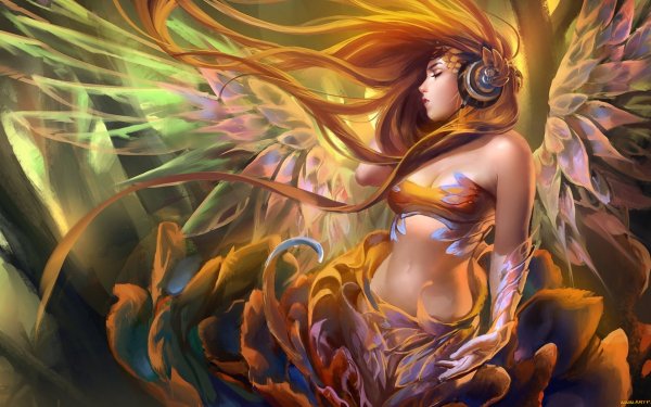 Fantasy Angel Long Hair Red Hair Headphones Wings HD Wallpaper | Background Image