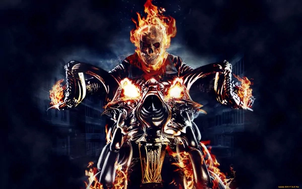 HD desktop wallpaper featuring Ghost Rider with a flaming skull, riding a motorcycle engulfed in flames, set against a dark and intense background.