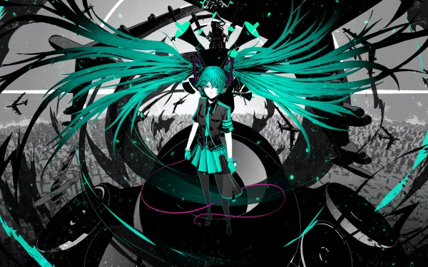 HD anime wallpaper featuring Hatsune Miku from Vocaloid, inspired by the Love is War song illustration. Miku stands in a bold, stylized composition with teal highlights contrasting a darker background.