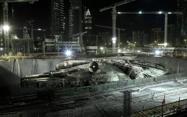 An HD desktop wallpaper featuring the Millennium Falcon amidst a construction site at night, blending sci-fi elements with urban surroundings from the Star Wars universe.