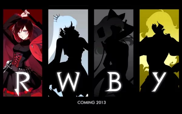 HD PC desktop wallpaper featuring stylized silhouettes and full-color illustration from the RWBY anime series by oum and Monty, showcasing the main characters against contrasting backgrounds.