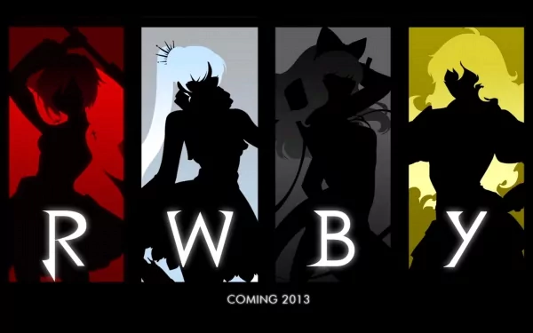 A bold HD wallpaper featuring silhouettes of characters from the anime RWBY, set against vibrant backgrounds in red, grey, black, and yellow, with the title RWBY prominently displayed.