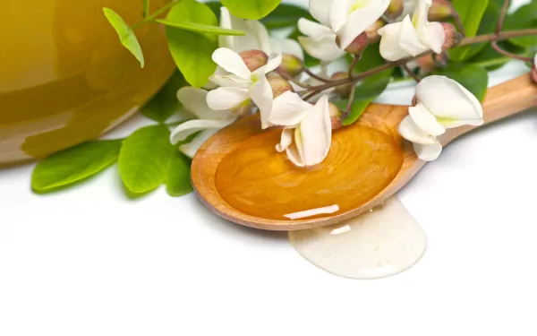 HD desktop wallpaper showing a wooden spoon with honey and white flowers, highlighting natural food elements and smooth honey texture.