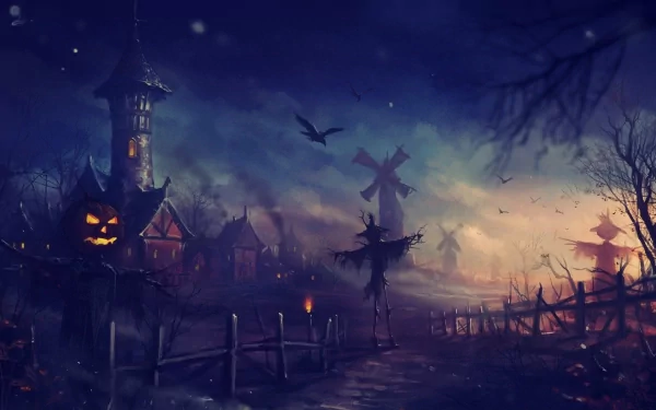 HD Halloween-themed desktop wallpaper featuring a dark, eerie night with a glowing pumpkin, a scarecrow, bats, and a spooky village and windmill in the background.