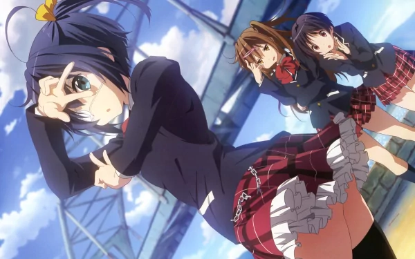 Anime characters Kumin Tsuyuri, Shinka Nibutani, and Rikka Takanashi pose playfully against a vibrant sky backdrop in this HD desktop wallpaper from *Love, Chunibyo & Other Delusions*.