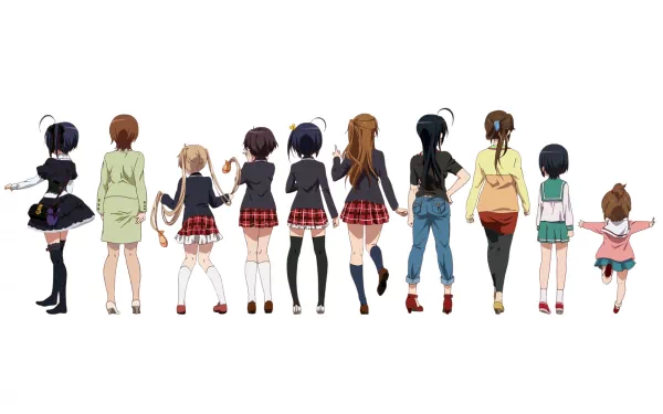 A vibrant HD wallpaper featuring characters from Love Chunibyo & Other Delusions, showcasing their unique outfits including skirts, jeans, and thigh-high socks from a rear view.