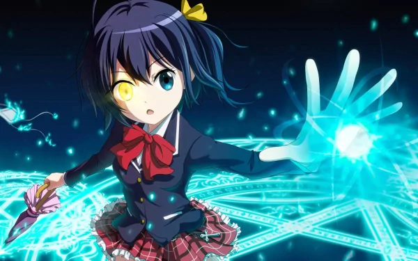 Rikka Takanashi in a school uniform, showcasing her vibrant personality and magical abilities amidst an enchanting, glowing background from Love, Chunibyo & Other Delusions.