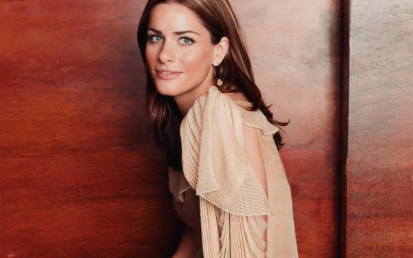 HD desktop wallpaper featuring celebrity Amanda Peet against a warm, textured brown background.