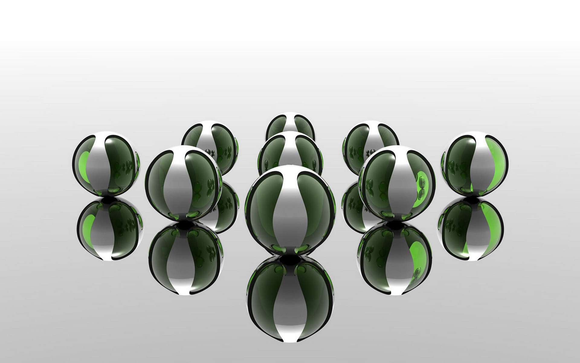CGI 3D abstract spheres with green accents arranged in a symmetrical pattern on a reflective surface, featured as a HD PC desktop wallpaper and background.