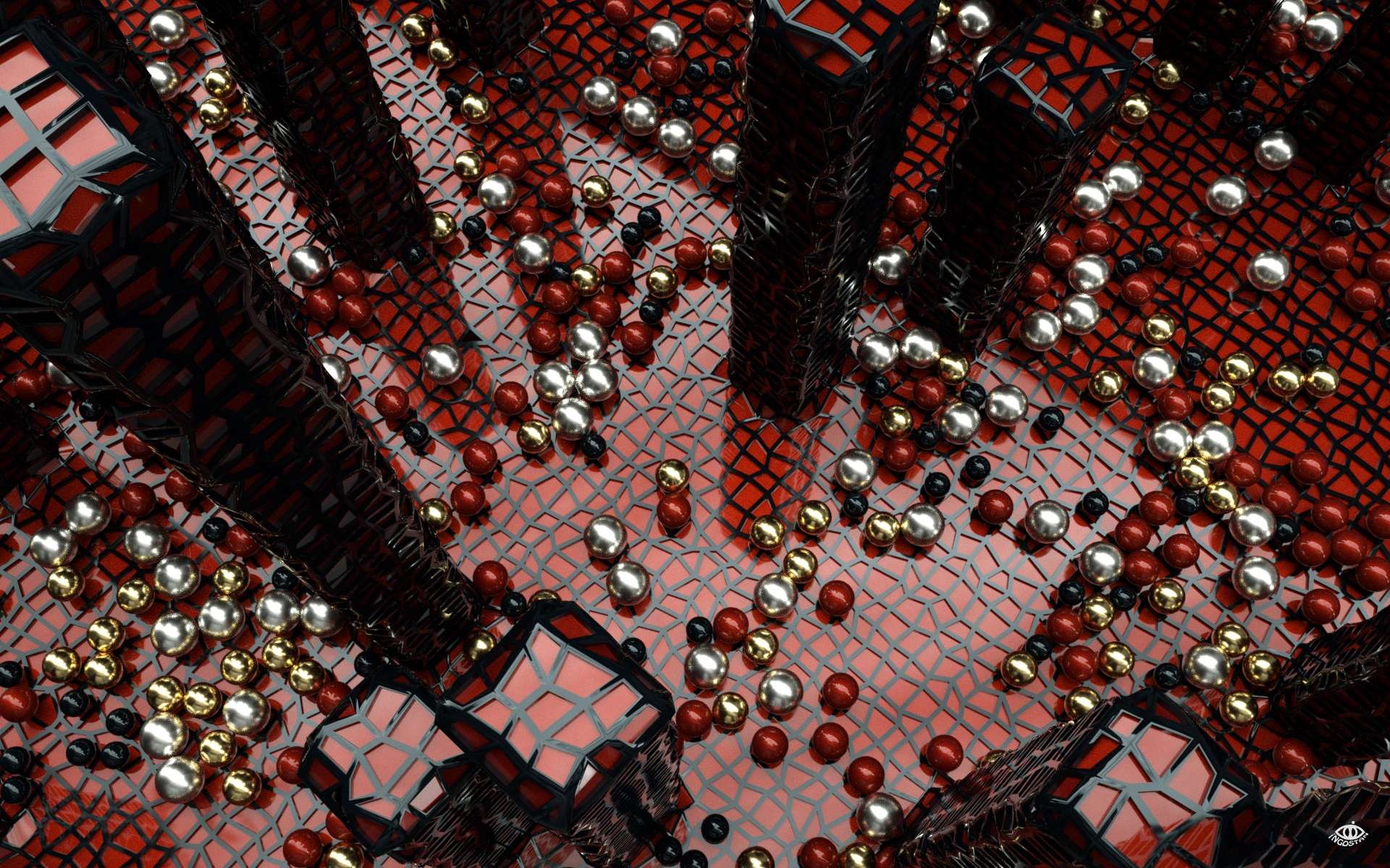 HD CGI 3D abstract desktop wallpaper featuring tall black pillars surrounded by scattered metallic and red spheres on a grid-patterned surface.
