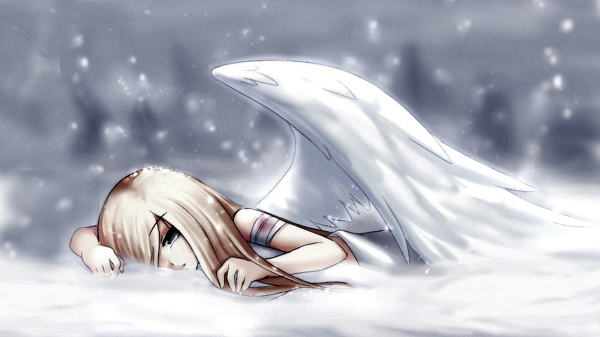 Fantasy-themed HD PC desktop wallpaper featuring a serene angel with long hair lying in soft snow, surrounded by a calm, ethereal atmosphere.