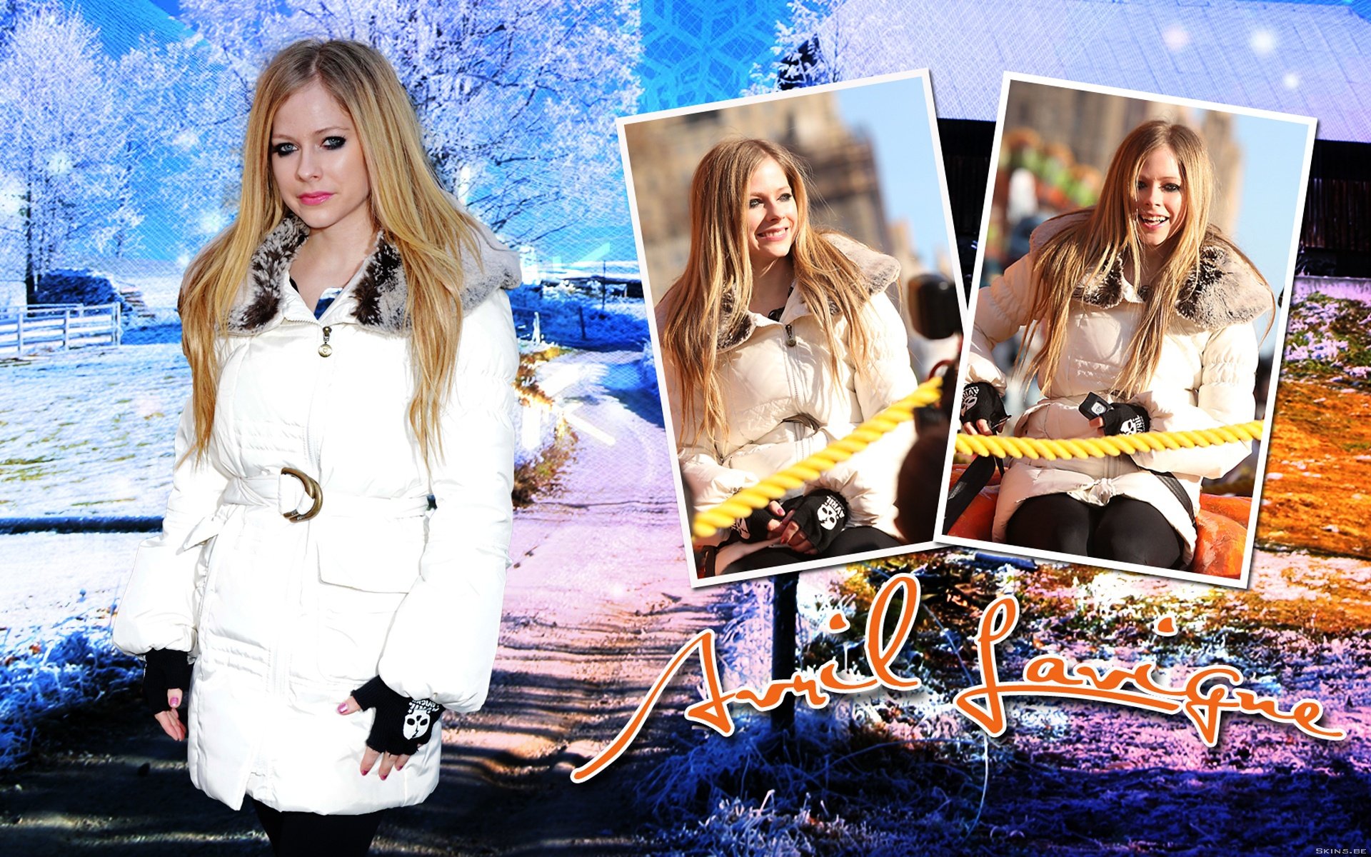HD desktop wallpaper featuring Avril Lavigne, showcasing her in a stylish winter outfit against a vibrant backdrop, blending music and seasonal aesthetics.