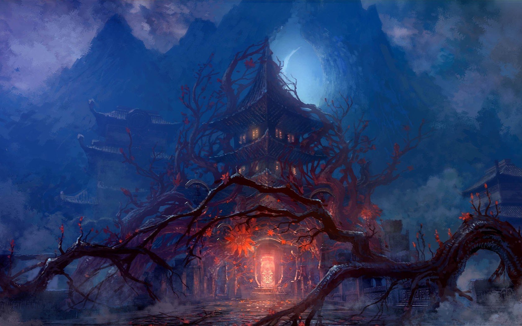 A captivating fantasy castle emerges from misty mountains, surrounded by dark, twisted trees, creating an enchanting atmosphere for an HD PC desktop wallpaper and background.