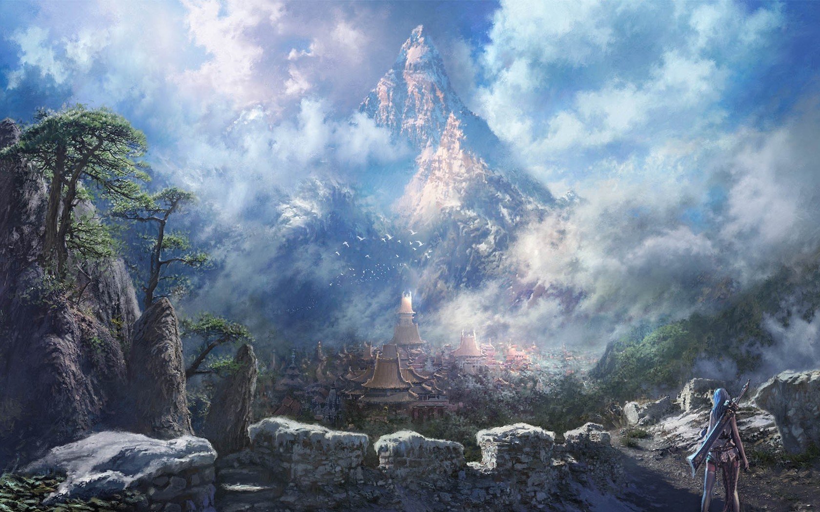 A dramatic fantasy landscape featuring a towering mountain enveloped in clouds, overlooking a mystical village below, rendered in HD for a PC desktop wallpaper.