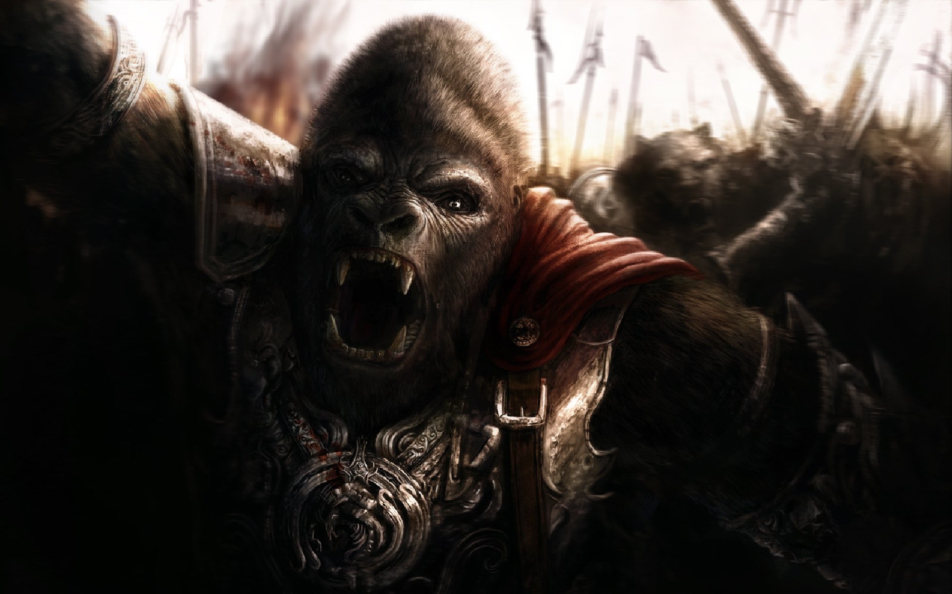 HD PC desktop wallpaper of a snarling, armored ape warrior from the movie Planet of the Apes (2001), roaring on a shadowy battlefield with dramatic backlighting.