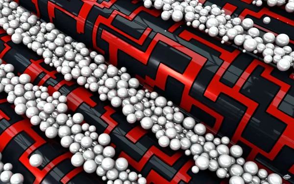 An abstract 3D CGI design featuring black, red, and white elements with spherical shapes, making a striking HD desktop wallpaper and background.