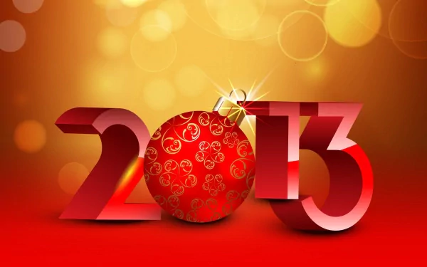 HD PC desktop wallpaper featuring a festive New Year 2013 design with bold red numbers and a decorated holiday ornament against a glowing golden background.