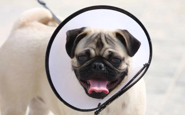 A cheerful pug wearing an Elizabethan collar, smiling broadly. This HD desktop wallpaper captures the playful spirit of this adorable animal.