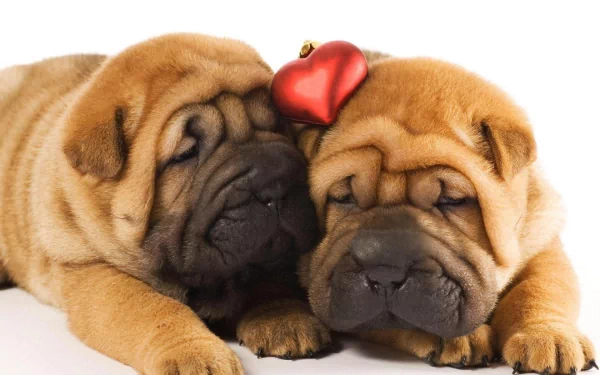 Two adorable Shar Pei puppies cuddle close together, one adorned with a small red heart. This HD image makes a charming desktop wallpaper or background.