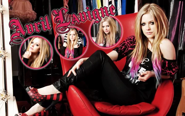 Avril Lavigne sits confidently in a striking red chair, surrounded by circular images of herself. This HD desktop wallpaper captures her unique style and music essence.