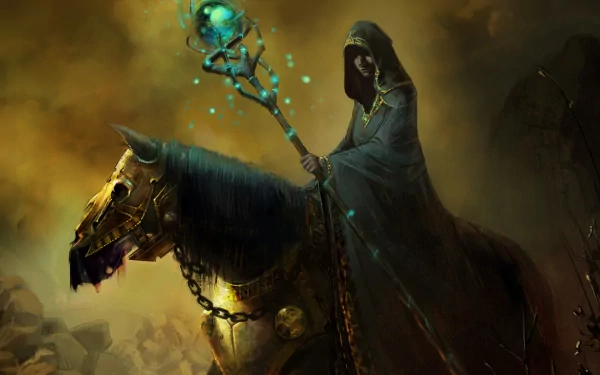 A powerful sorcerer rides a majestic horse, wielding a glowing staff amidst a hazy fantasy landscape, creating an enchanting and mystical atmosphere. HD desktop wallpaper.
