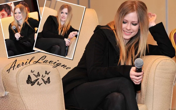 HD desktop wallpaper featuring Avril Lavigne, showing her smiling on a couch with a microphone, complemented by butterfly graphics and a collage of her images.