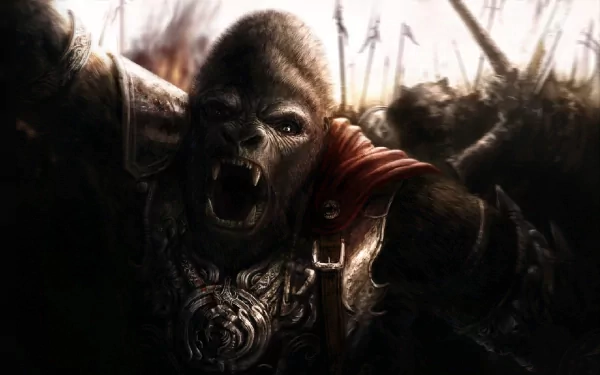 HD PC desktop wallpaper of a snarling, armored ape warrior from the movie Planet of the Apes (2001), roaring on a shadowy battlefield with dramatic backlighting.