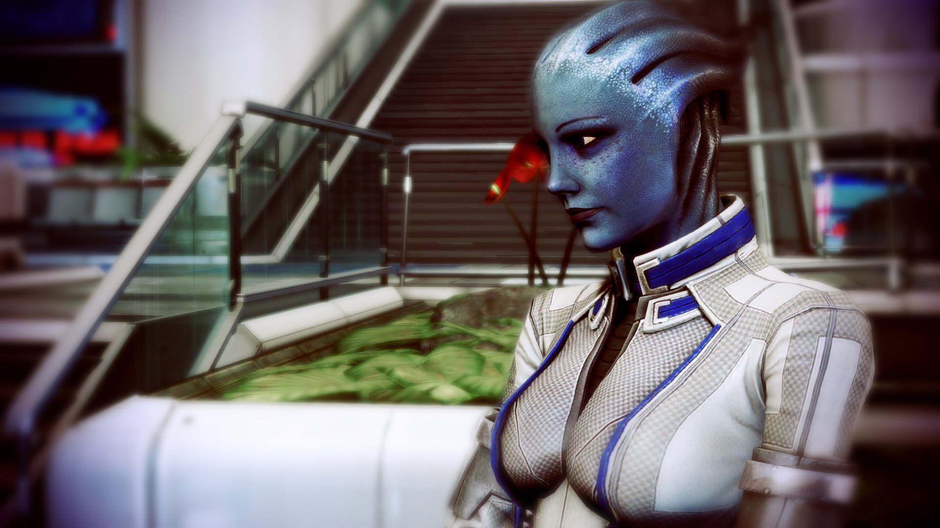 Liara T'Soni, Mass Effect 3: blue-skinned Asari in a white suit standing in a sleek sci‑fi interior — HD PC desktop wallpaper/background.