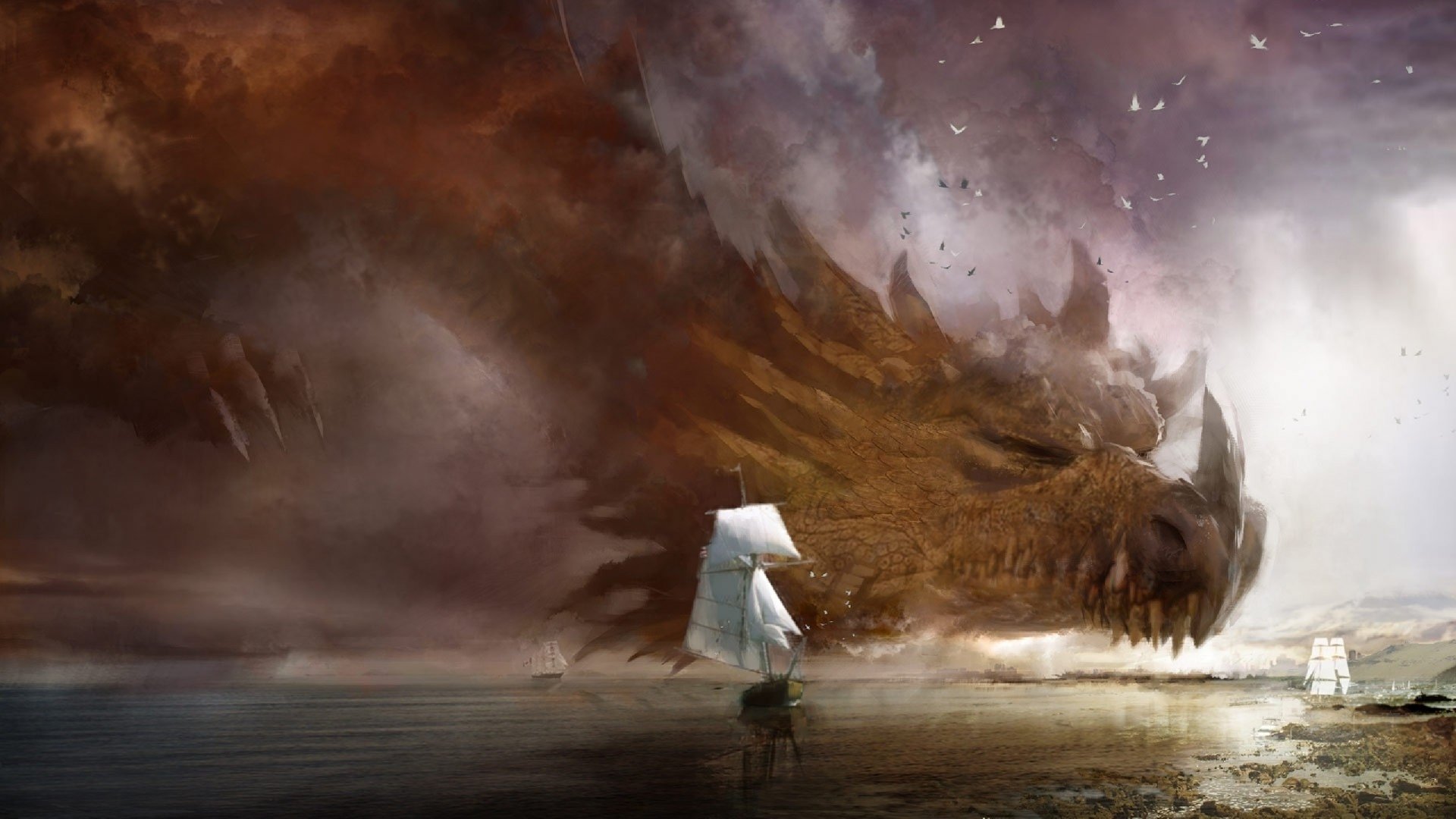 HD fantasy PC desktop wallpaper featuring a massive dragon emerging from mist, with a small cloaked figure standing before it in a dramatic, atmospheric scene.