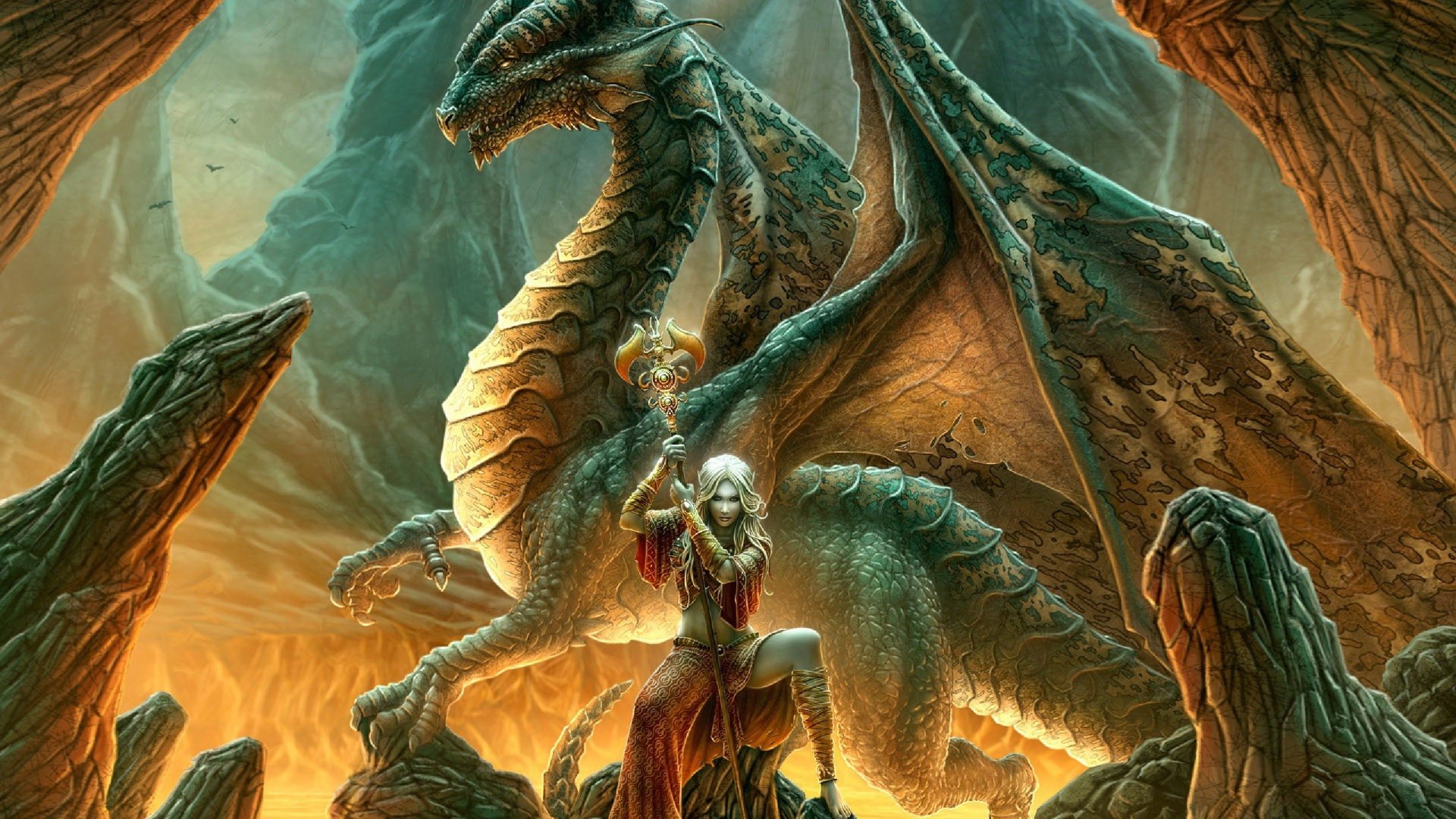 A thrilling fantasy scene featuring a majestic dragon looming over a warrior, set against a dramatic backdrop. This HD desktop wallpaper captivates with vivid colors and intricate details.