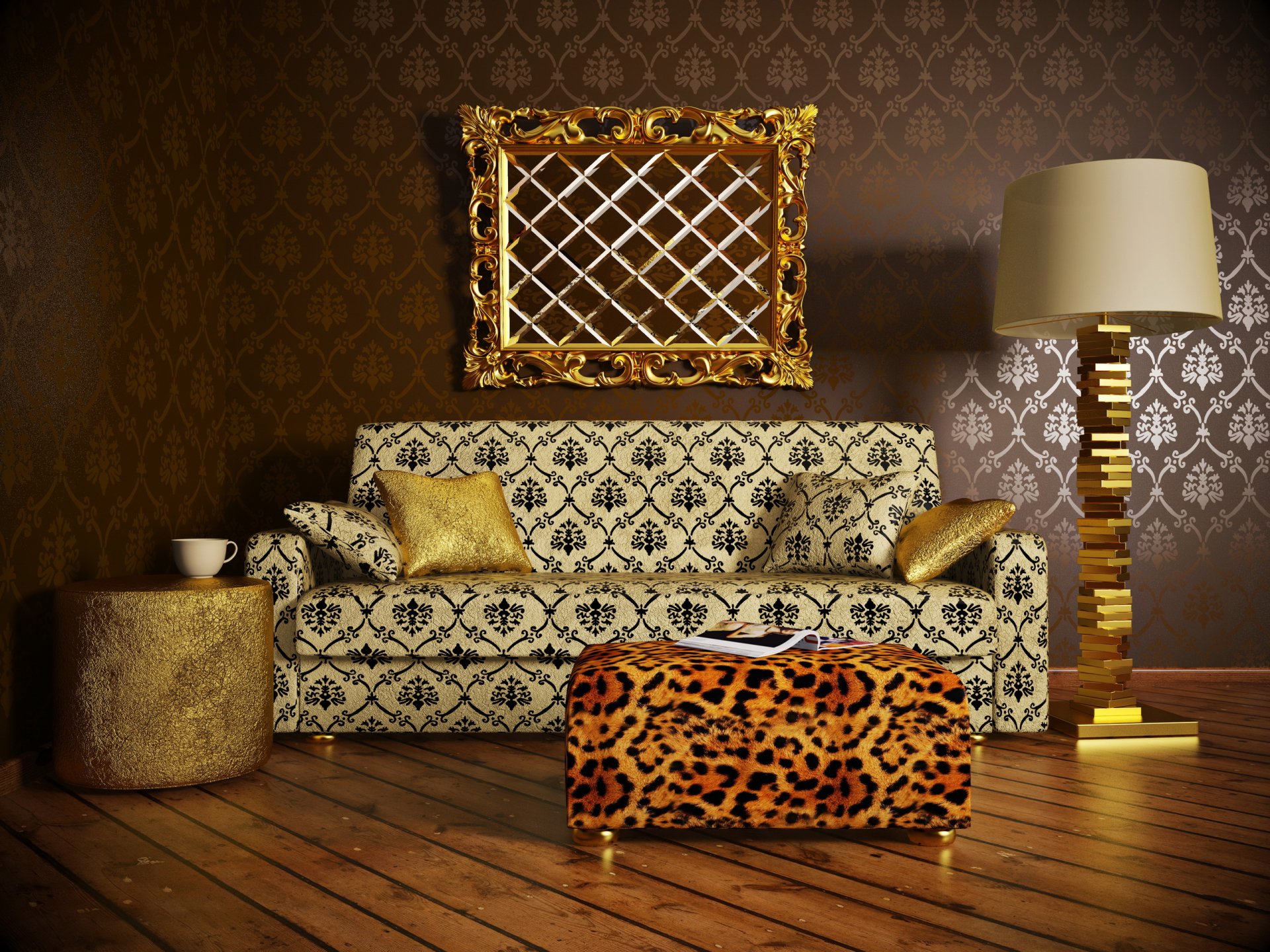 HD PC desktop wallpaper featuring man-made furniture: a patterned sofa with gold pillows, a leopard-print ottoman, a wooden floor lamp, and a gold-framed mirror against a brown damask wall.