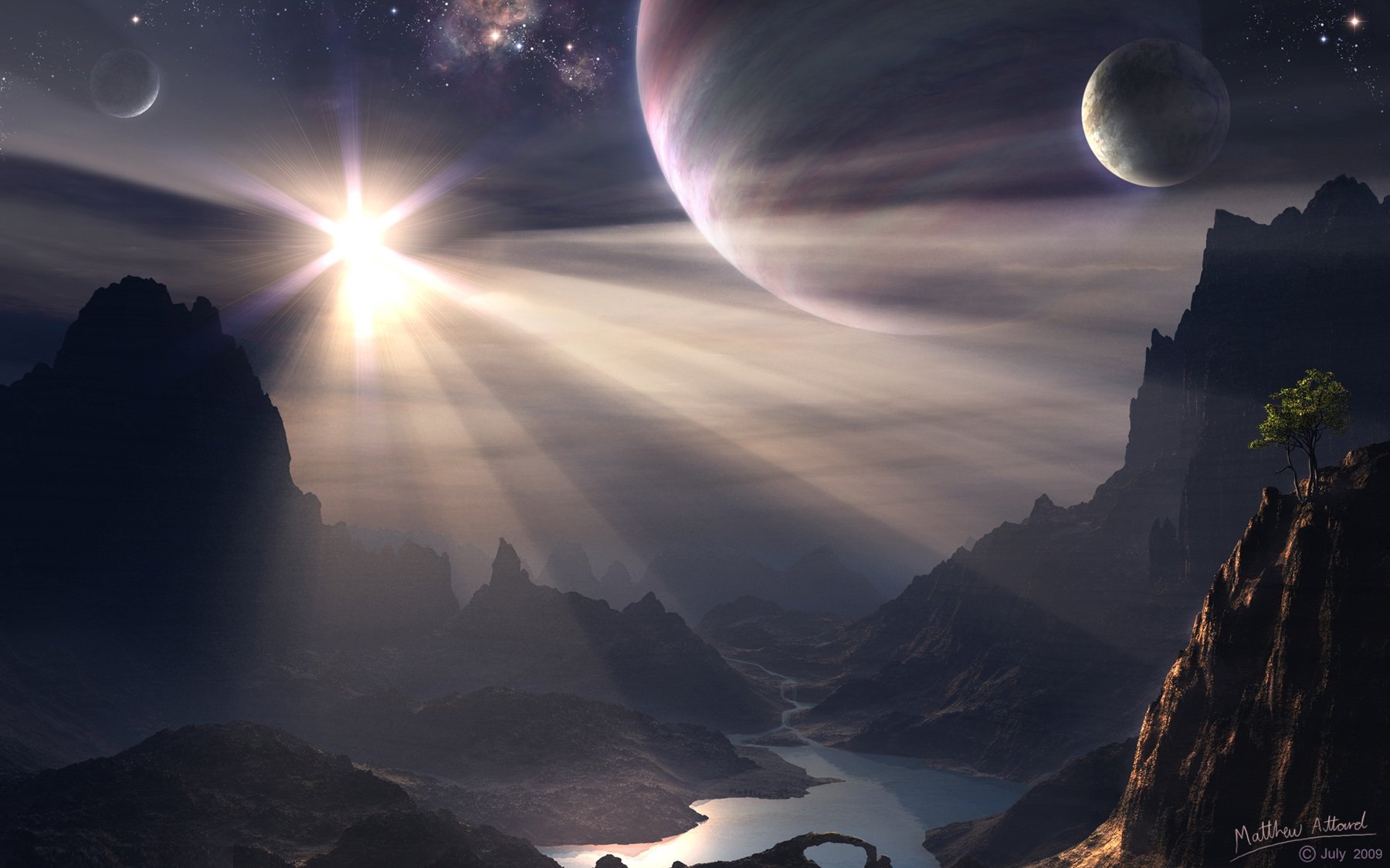 A dreamy nature landscape with planets, a bright star, and rugged mountains under a cosmic sky, captured in stunning HD as a PC desktop wallpaper.