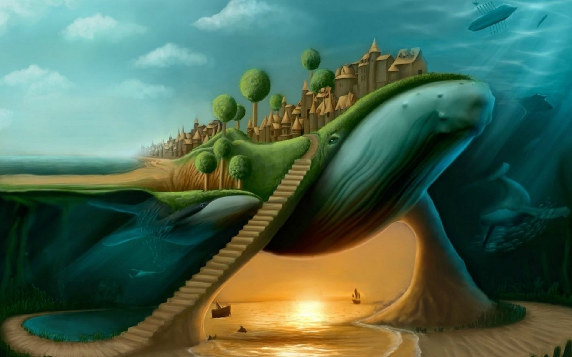 A whimsical fantasy landscape featuring a giant whale cradling a quaint village, with a staircase descending toward a serene sunset by the water, designed as a stunning HD desktop wallpaper.