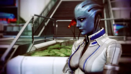 Liara T'Soni, Mass Effect 3: blue-skinned Asari in a white suit standing in a sleek sci‑fi interior — HD PC desktop wallpaper/background.