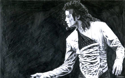 HD desktop wallpaper featuring Michael Jackson in a dynamic, black and white sketch of him performing with a microphone, set against a dark background. The image captures his iconic style and presence.
