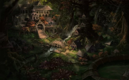 A mystical fantasy city nestled in a lush landscape, featuring intricate architecture, bridges, and a serene atmosphere, captured in an enchanting HD desktop wallpaper.