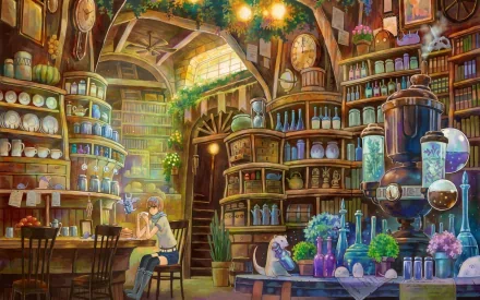 A vibrant anime-inspired scene of a cozy, magical library filled with shelves of books and colorful potions, featuring a character sitting at a wooden table. HD desktop wallpaper and background.