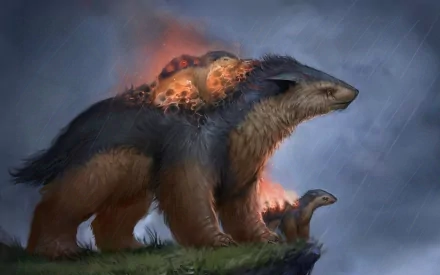 HD desktop wallpaper featuring realistic, anime-style Fire-type Pokémon Cyndaquil, Quilava, and Typhlosion with glowing flames on their backs under a stormy sky.