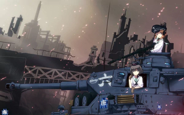 A dynamic HD desktop wallpaper featuring characters from Girls und Panzer, showcasing a tank against a backdrop of a post-apocalyptic cityscape.