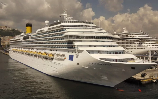 HD desktop wallpaper featuring the Costa Concordia cruise ship docked at a port under a cloudy sky.