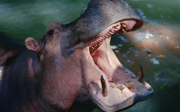 HD desktop wallpaper showing a close-up of a hippo with its mouth wide open in water, capturing detailed textures and natural lighting.