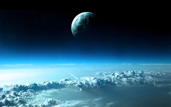 HD Sci-Fi desktop wallpaper showing Earth partially illuminated above a cloud-covered planetscape in deep space.